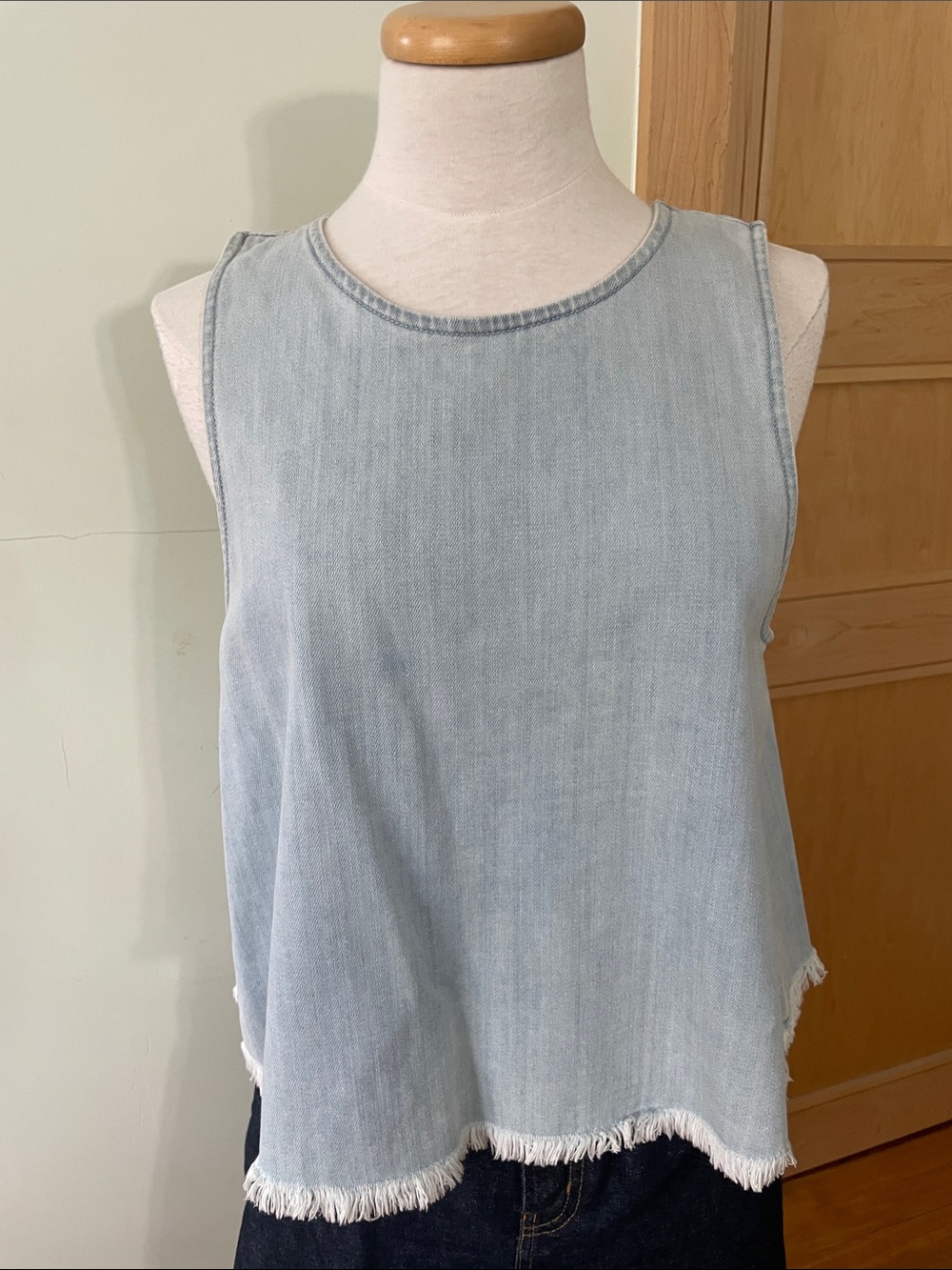 AERIE Light Wash Denim Cotton Sleeveless Tank with Frayed Hem, Size L